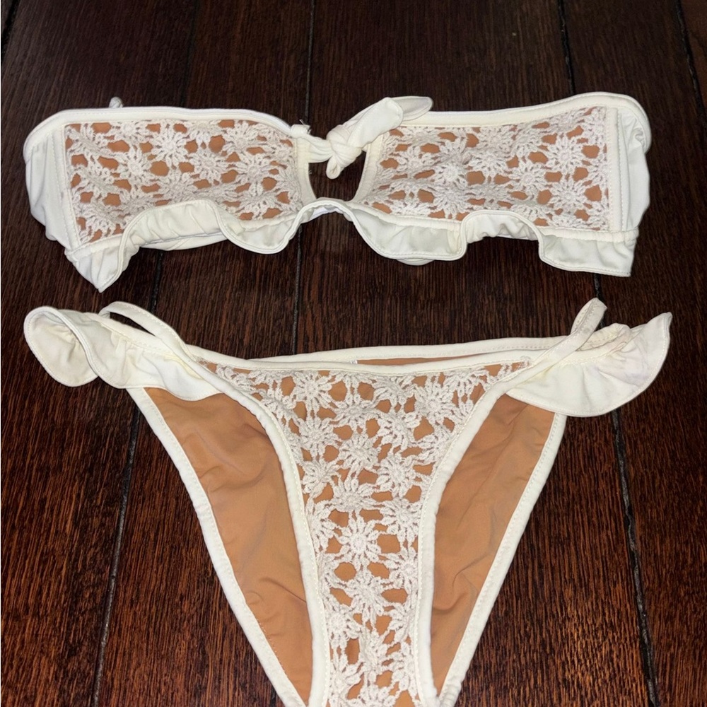 Elegant Cream Lace Bikini Set bandeau crochet ruffle trend top swimsuit bathing